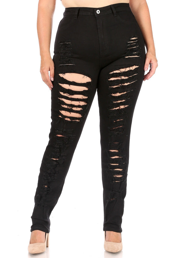 High Waisted Super Distressed Plus Size Skinny Jeans - Black